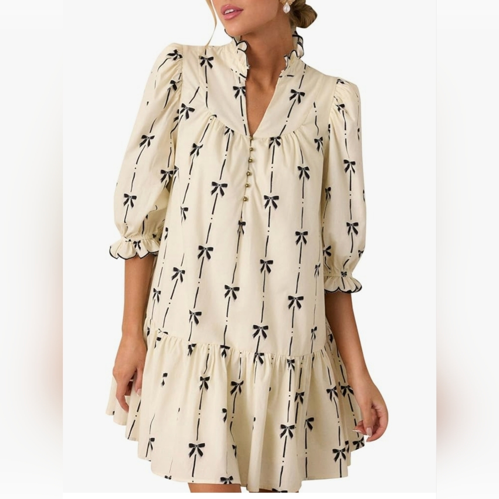 Coquette Bow Print Babydoll Mini Dress Cream Black Puff Sleeve Pockets Size M